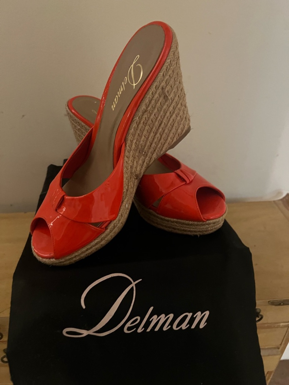 Delman Coral Patent Espadrille Wedge Mule